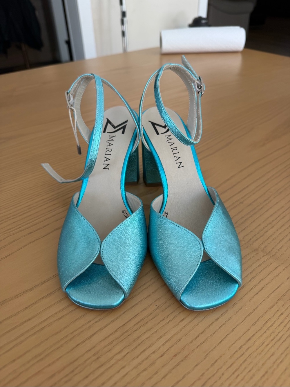 Mariana Metallic Turquoise Open-Toe Block Heel Sandals